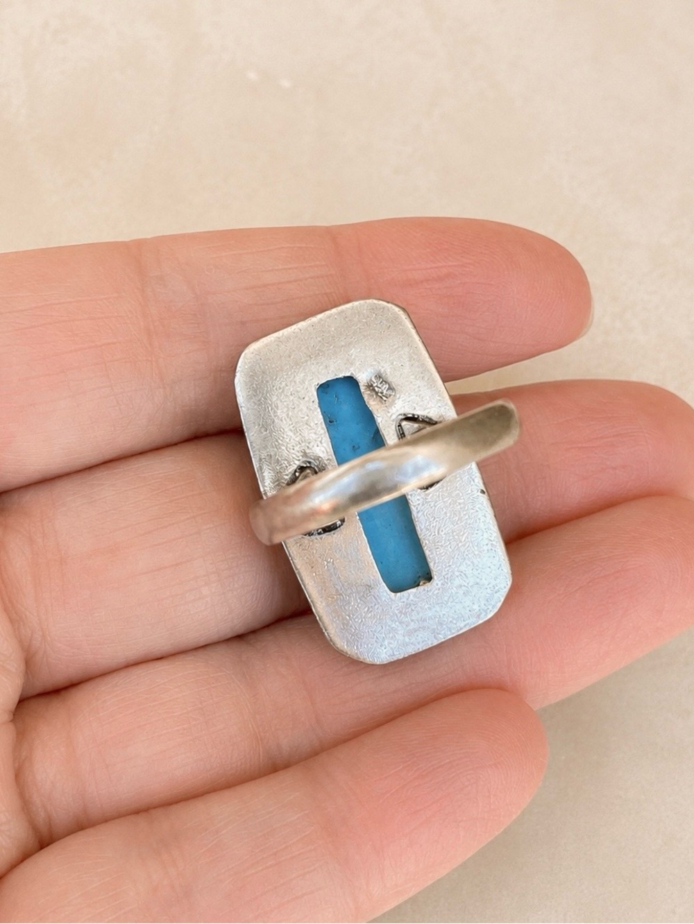 Handcrafted Square Turquoise Silver Ring Sz 10 - Picture 4 of 5